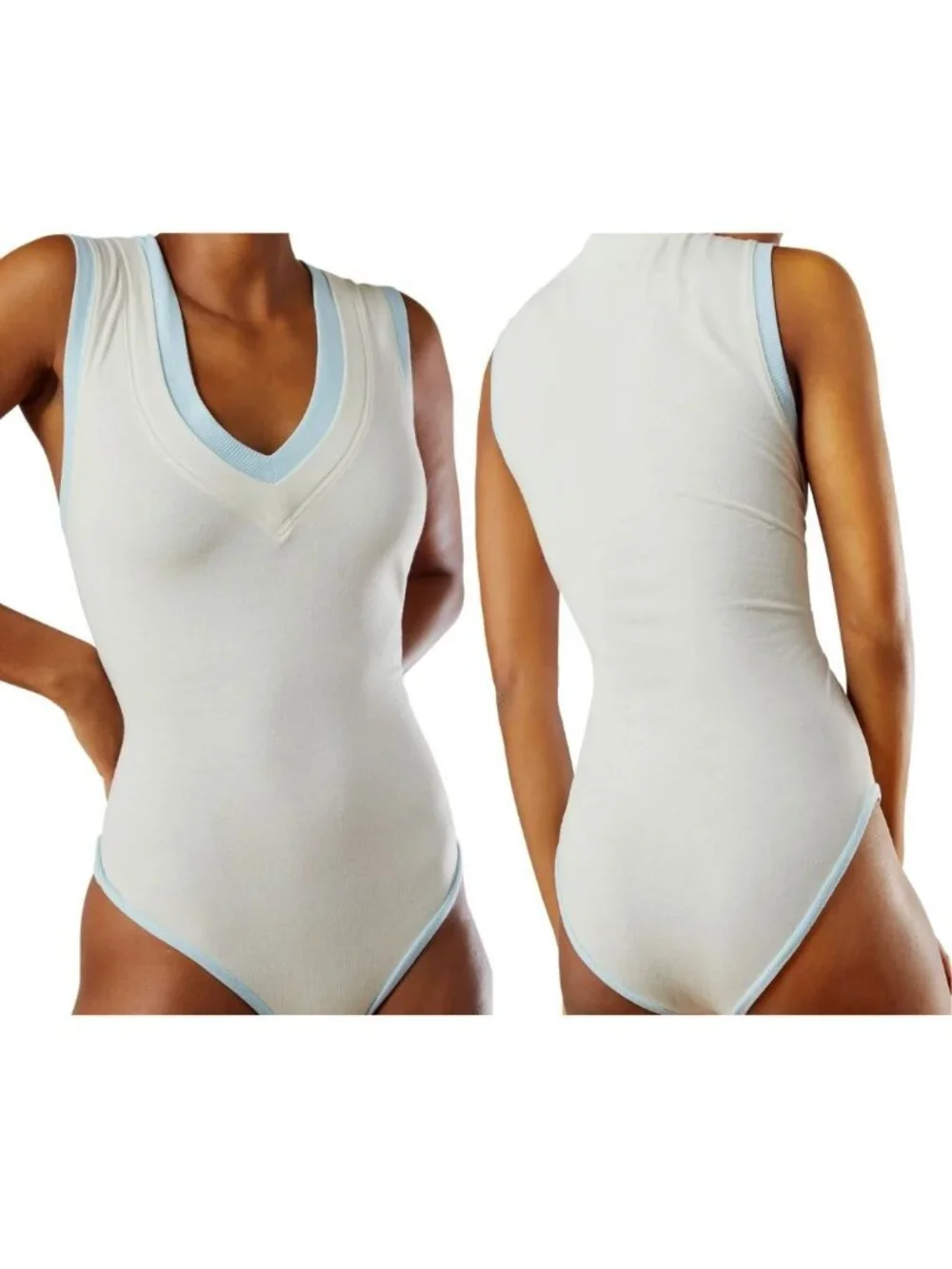 Free People Intimately Cozy Girls Tank Bodysuit Ivory Blue Size Small